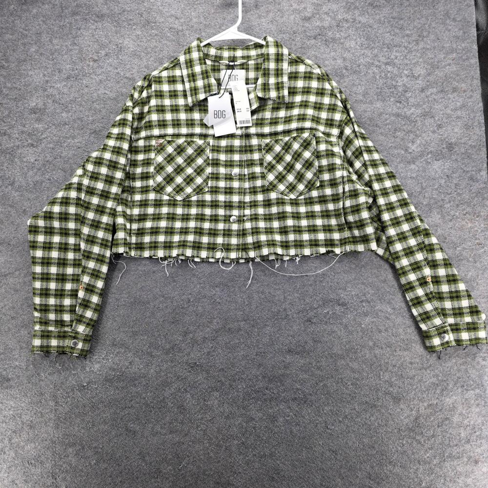 BDG Jacket Womens Small Green White Plaid Cropped Raw Hem Frayed Edge Grunge